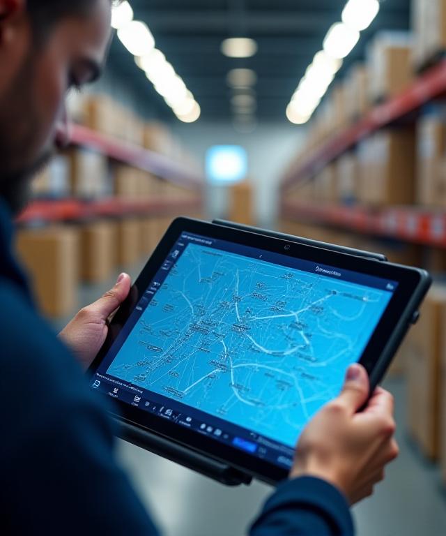 Modern logistics worker using digital management tools in a warehouse