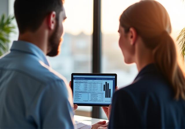 Consultants reviewing complex digital diagrams on a tablet