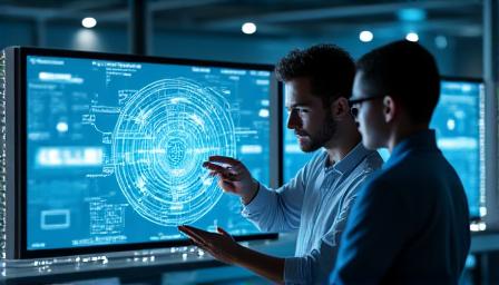 Logistics experts reviewing a digital map